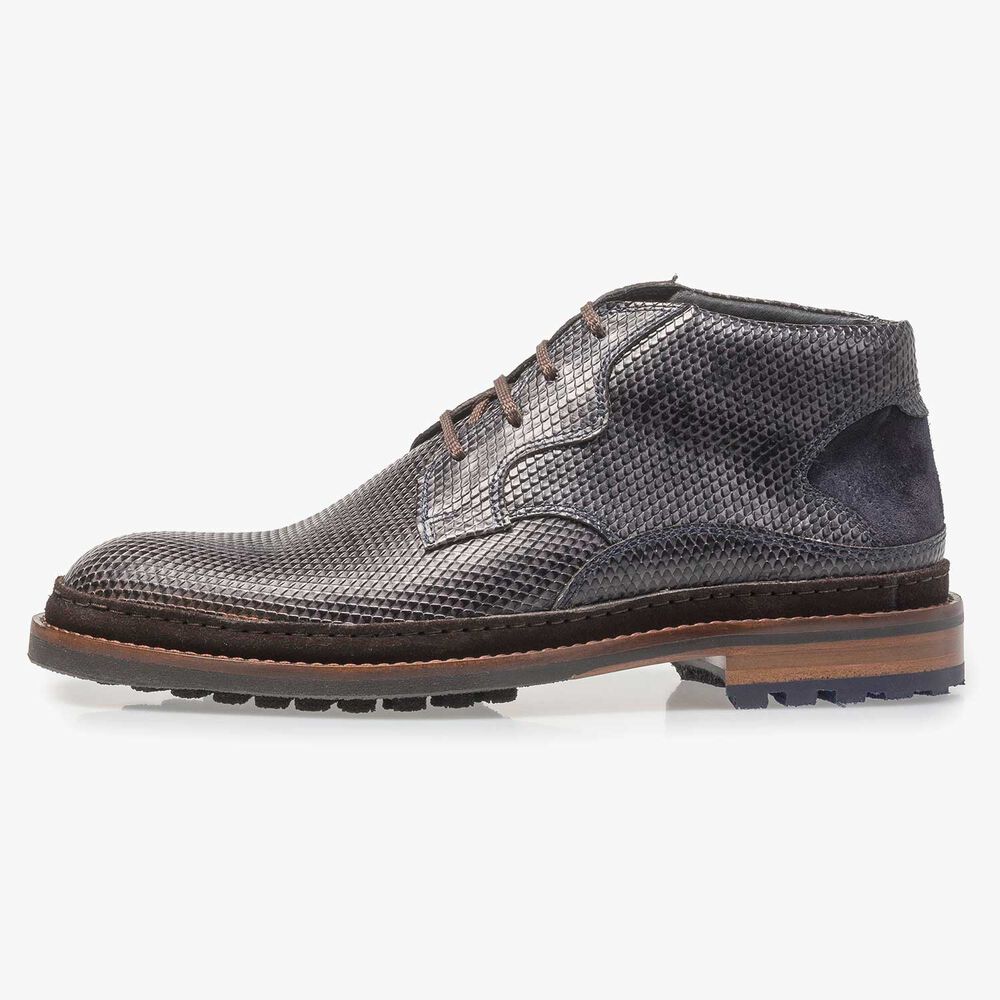 Dunkelgrauer Leder-Schn&uuml;rstiefel mit Schlangenprint