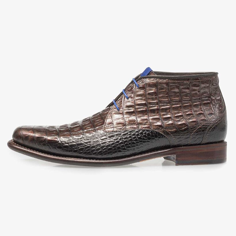 Bronze-coloured leather lace boot with croco print