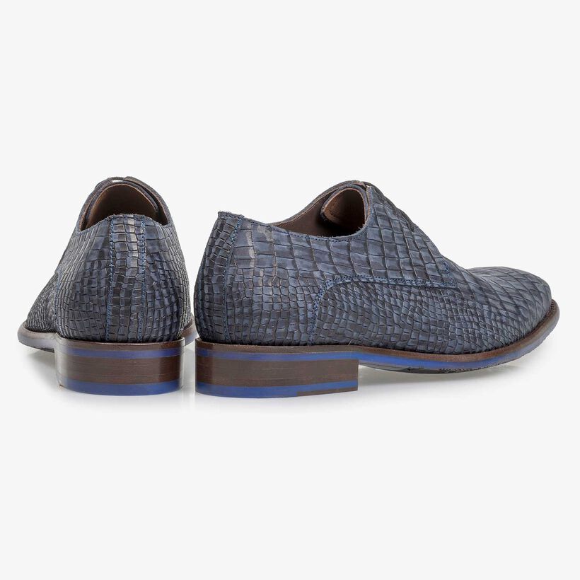 Blue nubuck leather lace shoe with croco print