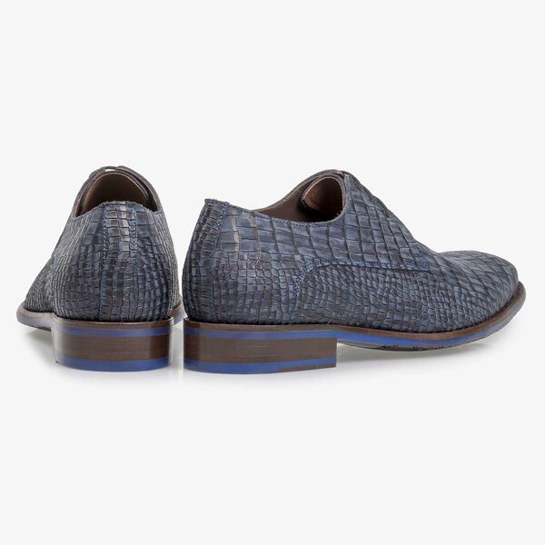 Blue nubuck leather lace shoe with croco print