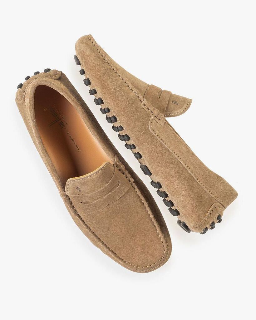 Taupe-coloured suede leather moccasin