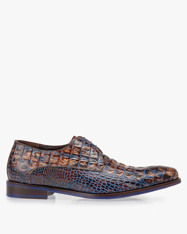 Schn&uuml;rschuh Krokoprint cognac