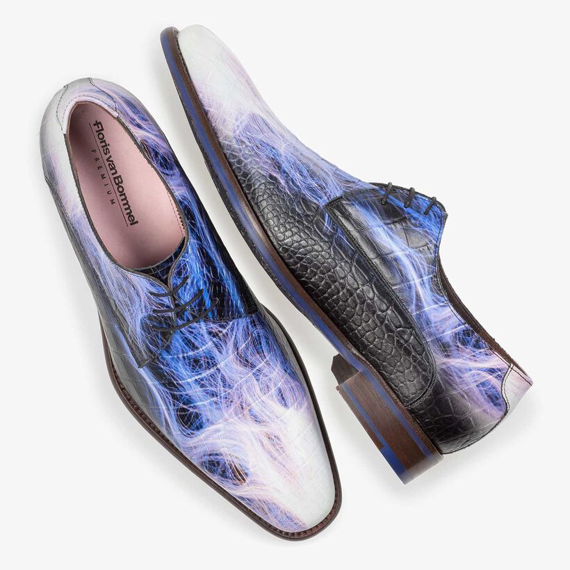Premium purple calf leather lace shoe with lightning bolt print