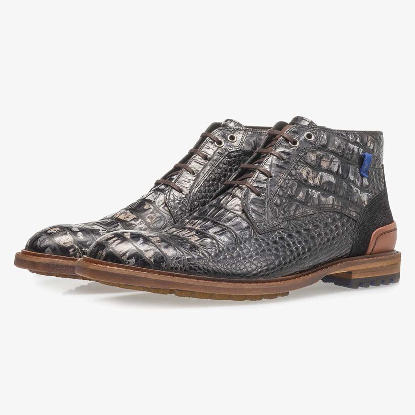 Black leather lace boot with croco print