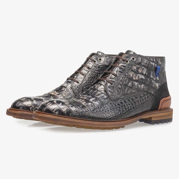 Black leather lace boot with croco print
