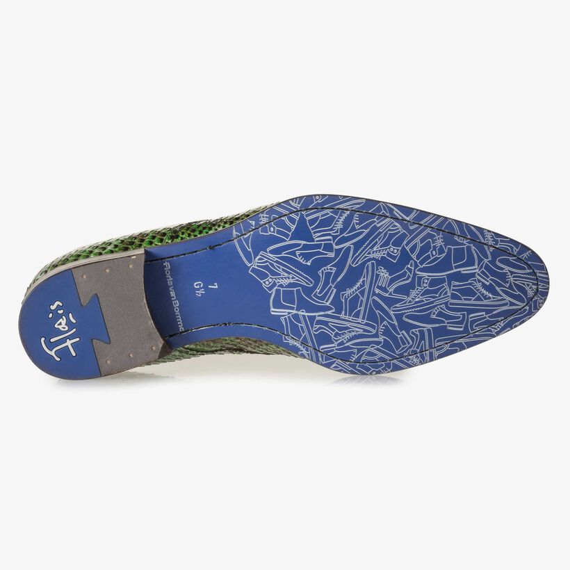 Gr&uuml;ner Lackleder-Schn&uuml;rschuh mit Schlangenprint