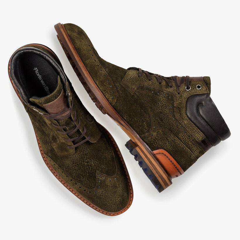 Olive green suede lace boot with print