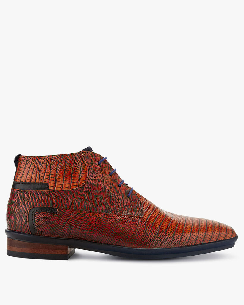 Schn&uuml;rstiefel Leder mit Print cognac
