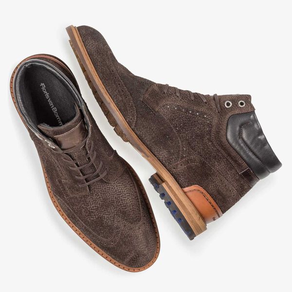 Dunkelbrauner Wildleder-Schn&uuml;rstiefel mit Print