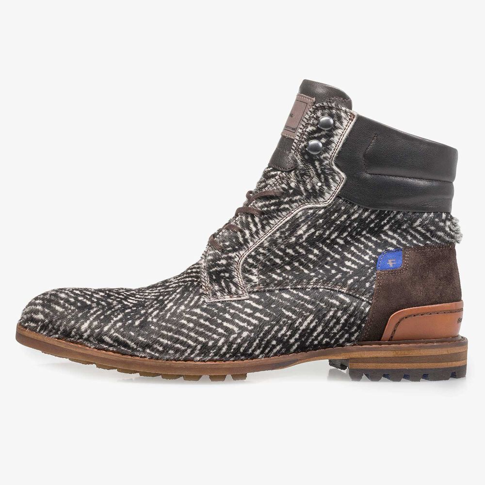 Cremewei&szlig;er Premium Ponyfell-Schn&uuml;rstiefel mit Print