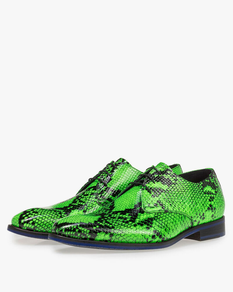 Neongr&uuml;ner Premium Leder-Schn&uuml;rschuh mit Schlangenprint