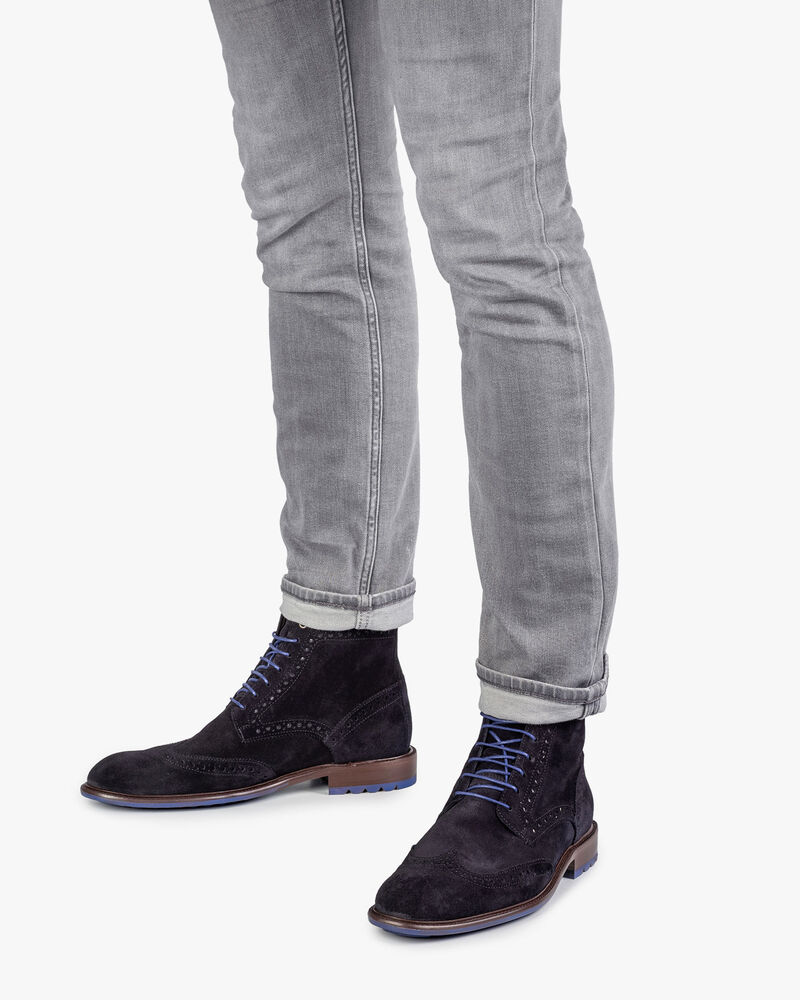 Dunkelblauer Kalbswildleder-Schn&uuml;rstiefel