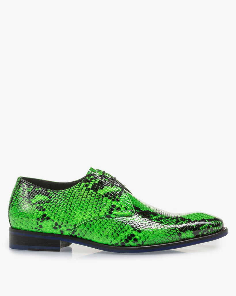 Neongr&uuml;ner Premium Leder-Schn&uuml;rschuh mit Schlangenprint