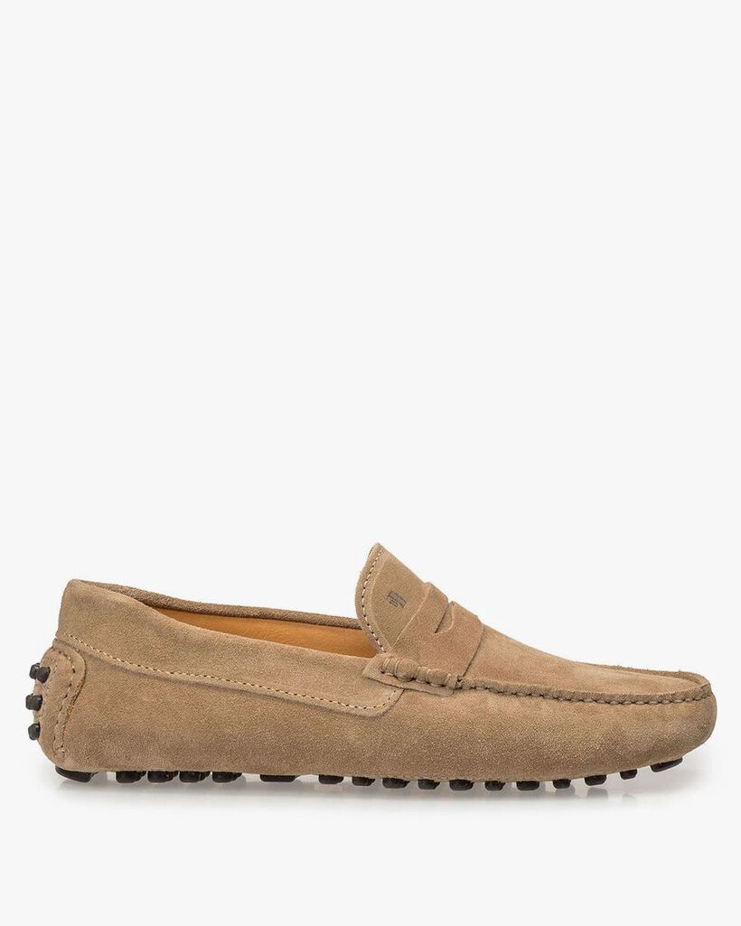 Taupe-coloured suede leather moccasin