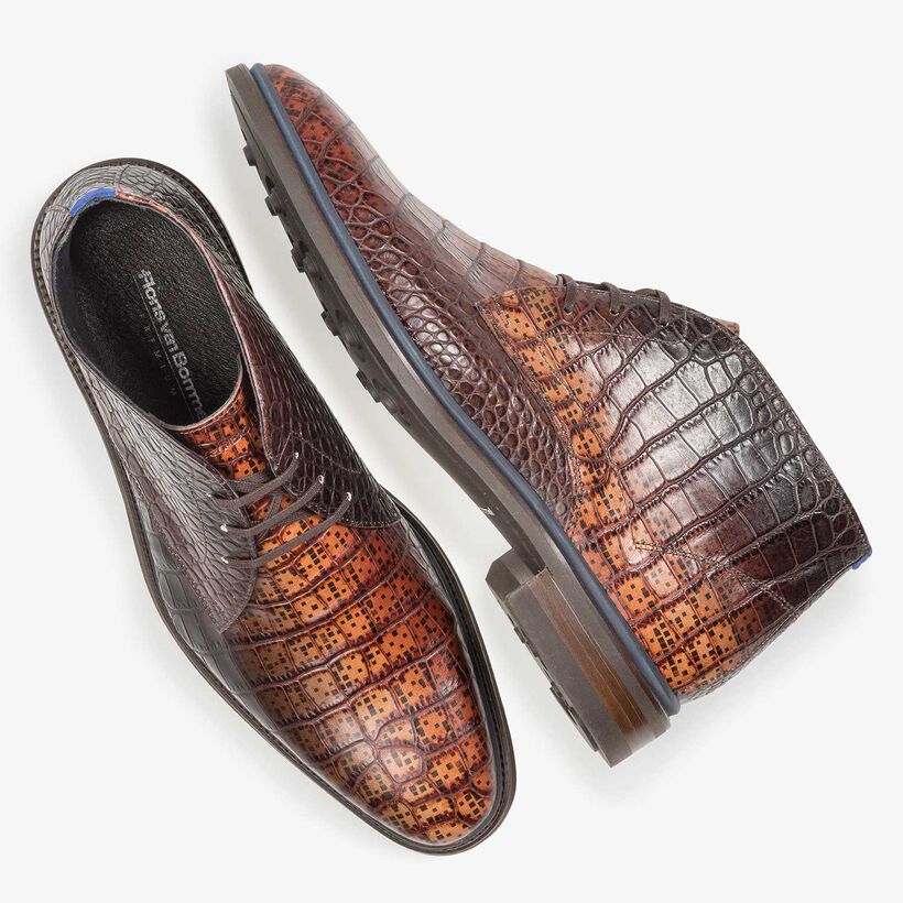 Cognacfarbener Premium Krokoleder-Schn&uuml;rschuh