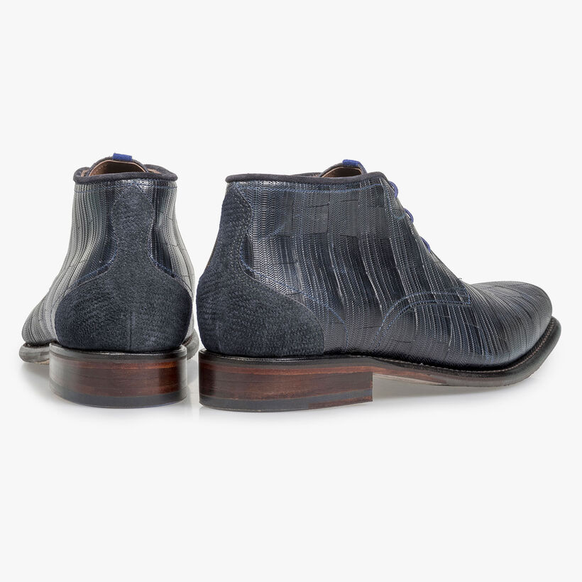 Blauer Leder-Schn&uuml;rstiefel mit Print