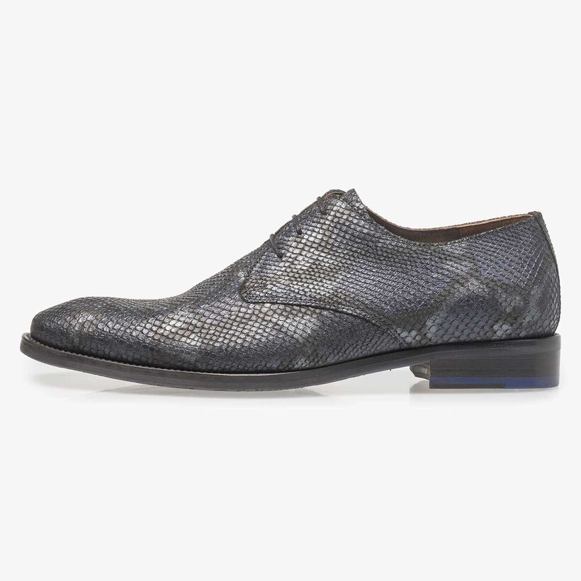 Blauer Leder-Schn&uuml;rschuh mit Schlangenprint