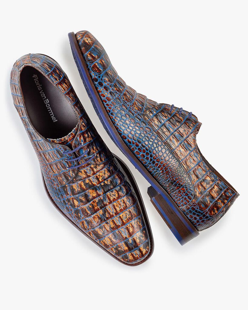 Schn&uuml;rschuh Krokoprint cognac