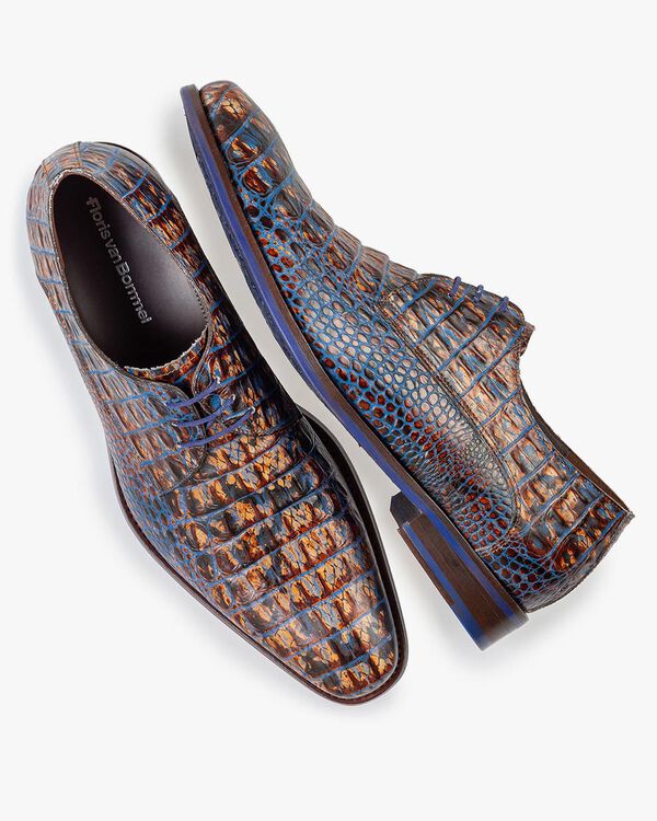 Schn&uuml;rschuh Krokoprint cognac