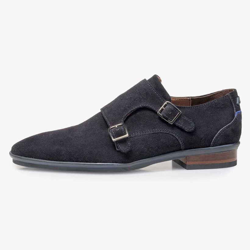 Blue calf suede leather double buckle monk strap