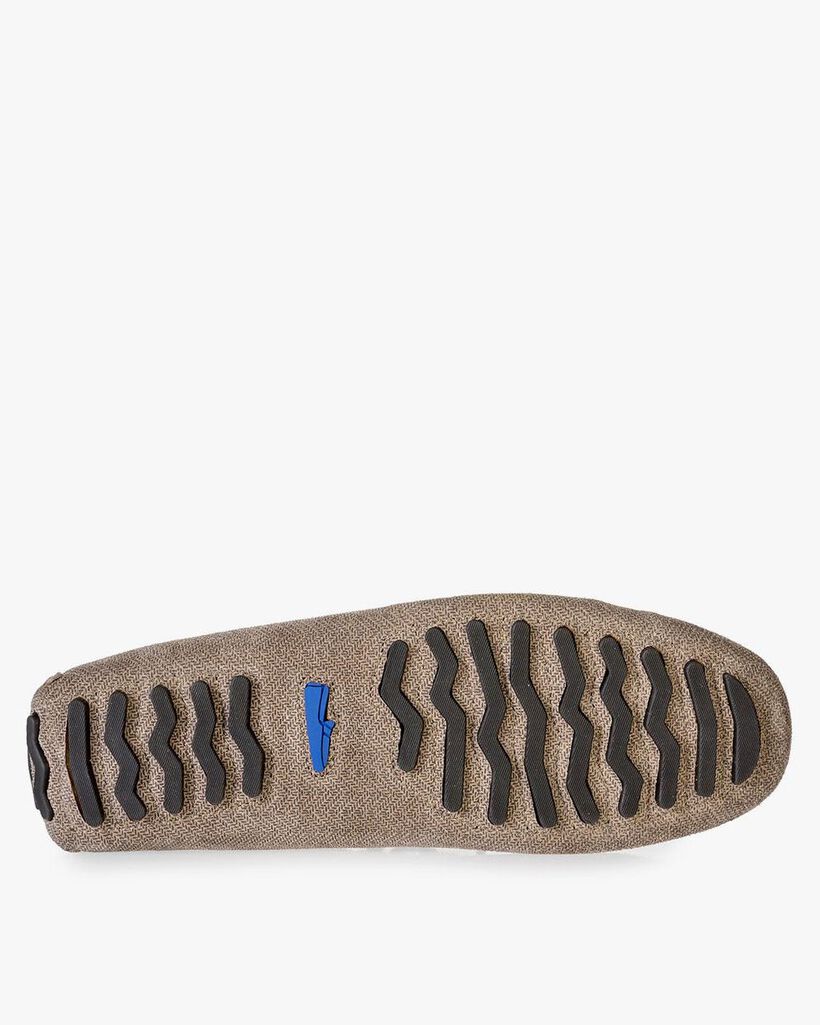 Sand-coloured suede leather moccasin with print
