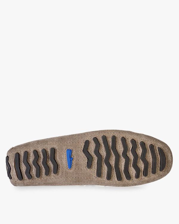 Sand-coloured suede leather moccasin with print