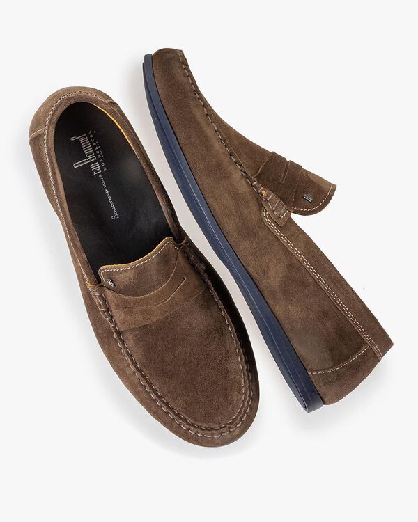 Taupe-coloured suede leather loafer