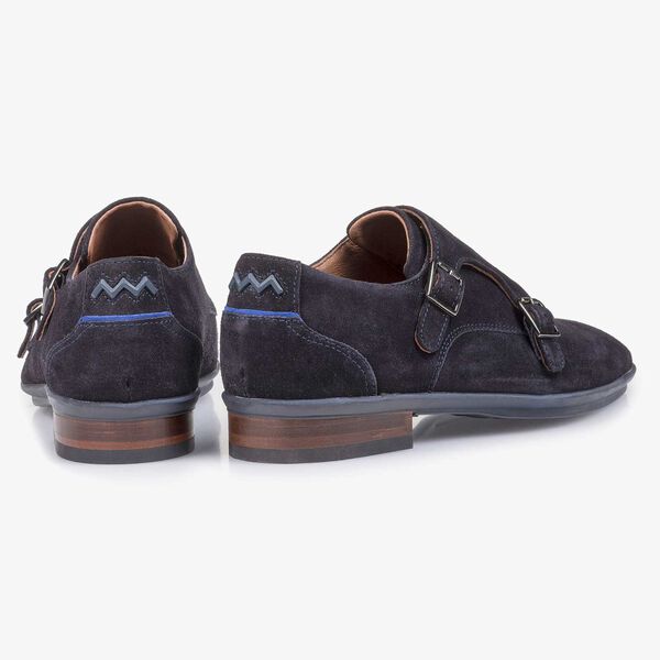 Blue calf suede leather double buckle monk strap