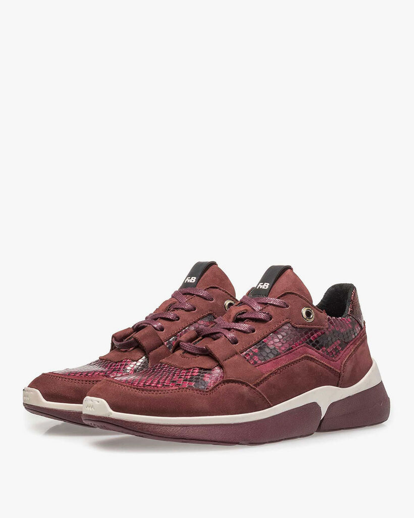 Burgundy red suede leather sneaker with snake print