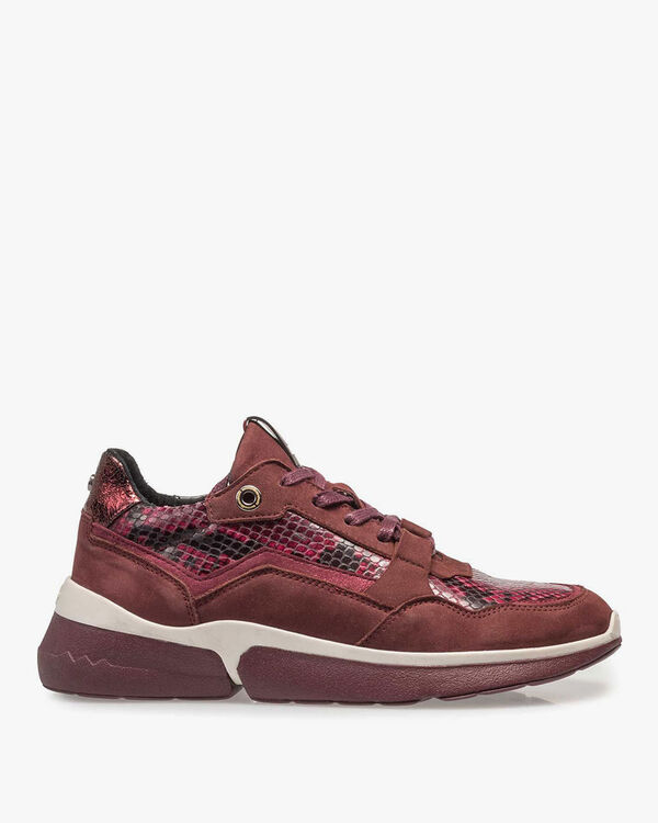 Burgundy red suede leather sneaker with snake print