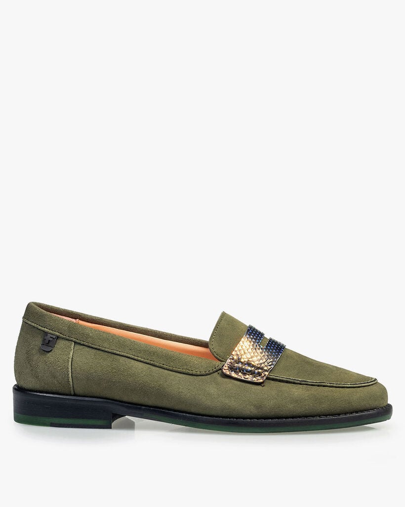 Olive green suede leather loafer
