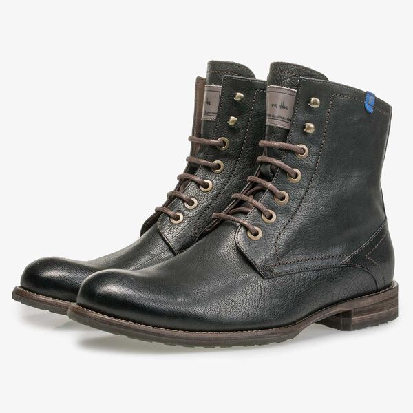 Wolle gef&uuml;tterter Schn&uuml;rstiefel aus schwarzem Kalbsleder