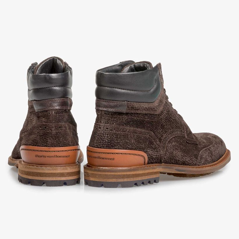 Dunkelbrauner Wildleder-Schn&uuml;rstiefel mit Print