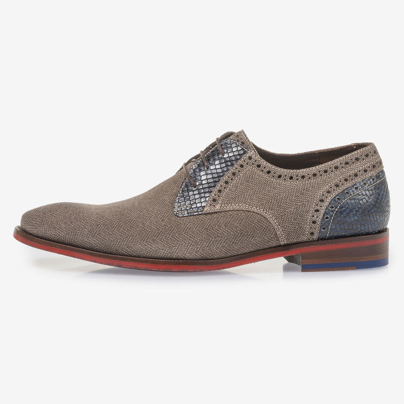 Beige suede leather lace shoe with blue print