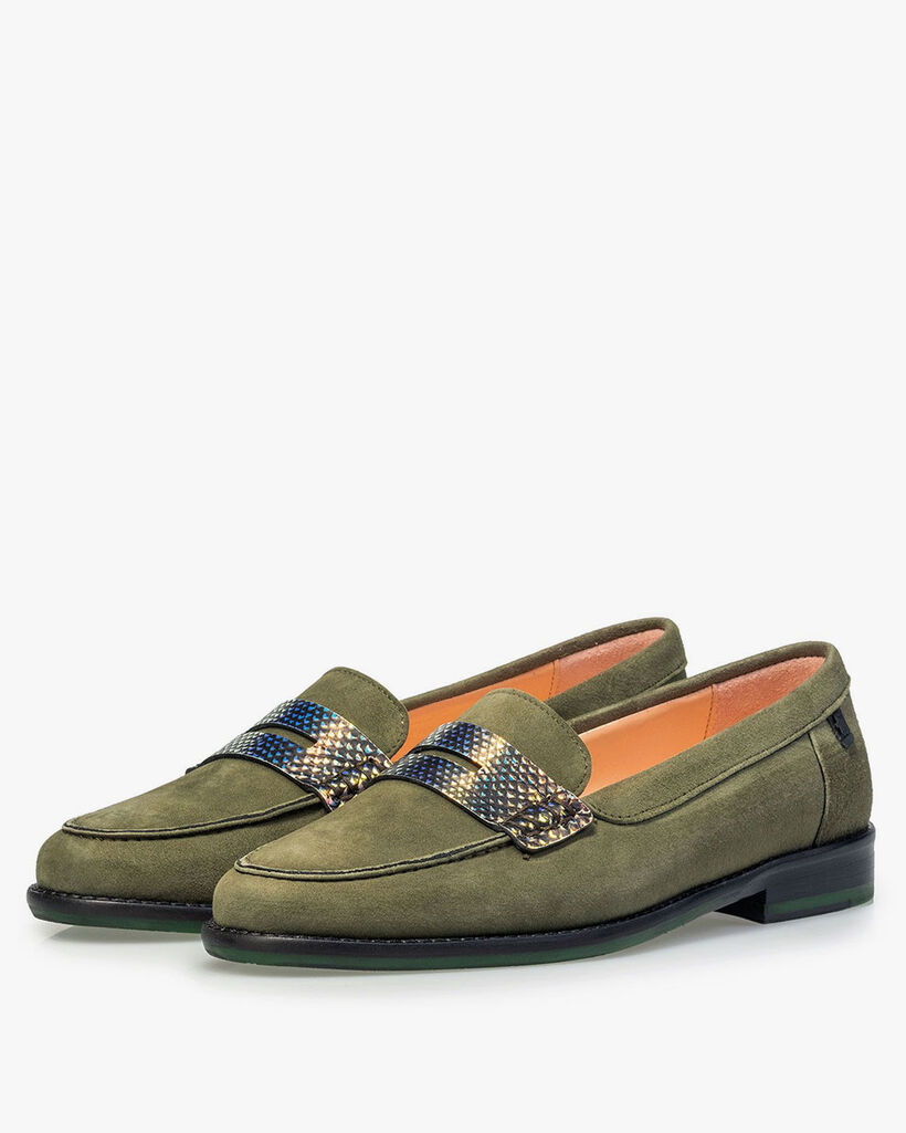 Olive green suede leather loafer