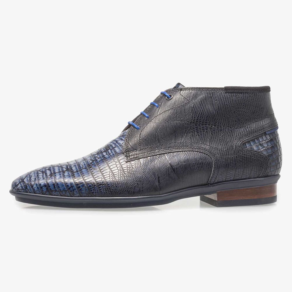 Blauer Kalbsleder-Schn&uuml;rschuh mit Eidechsenprint