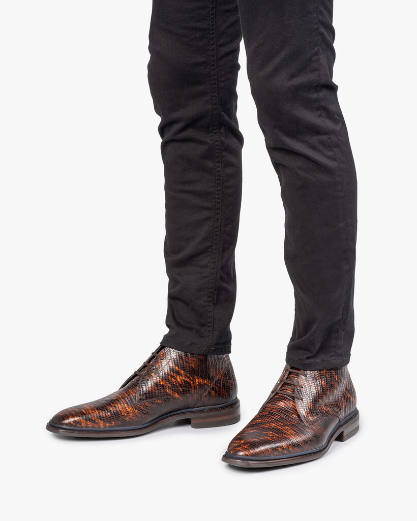 Schn&uuml;rstiefel Eidechsenprint cognac