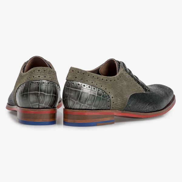 Dark green leather lace shoe with metallic print