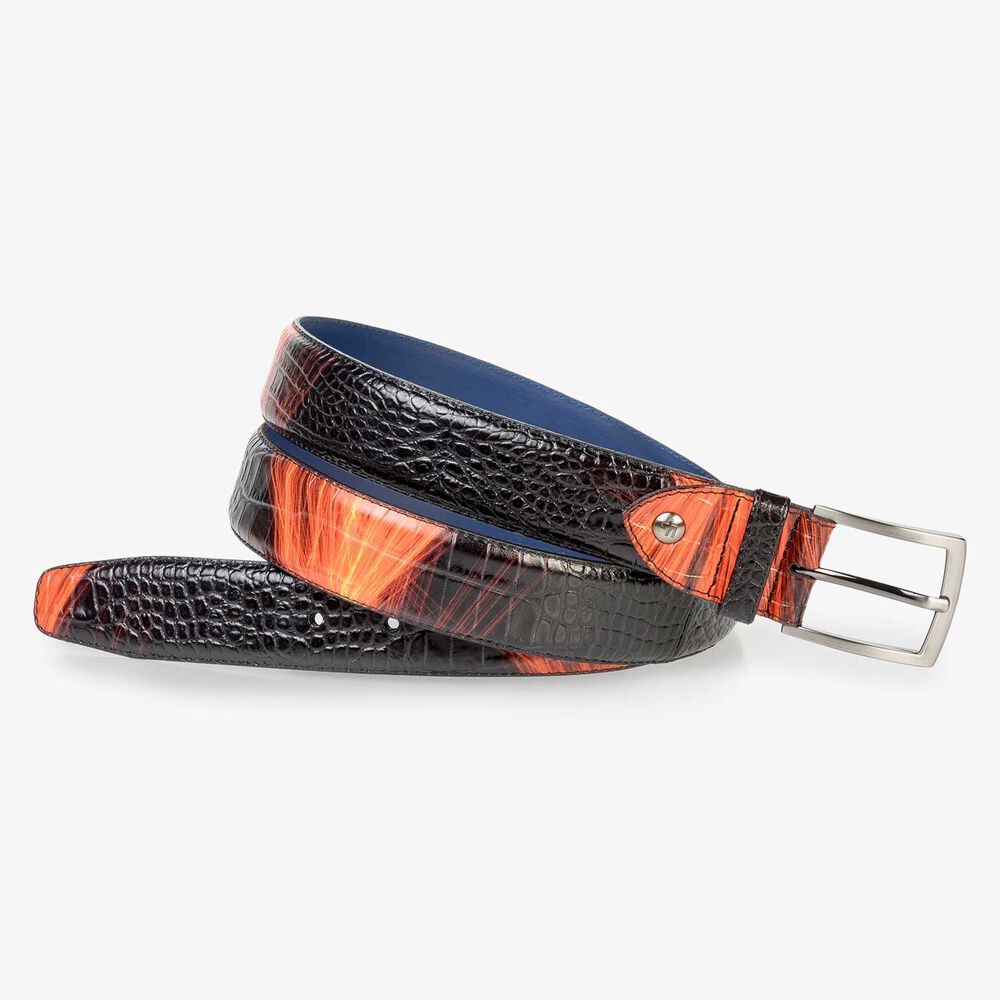 Premium red calf leather belt with lightning bolt print