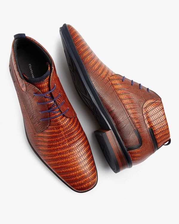 Schn&uuml;rstiefel Leder mit Print cognac