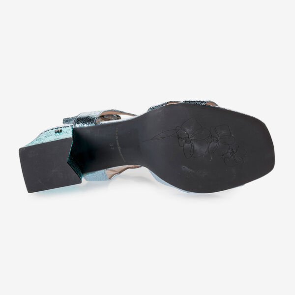 High-heeled sandals with light blue metallic print
