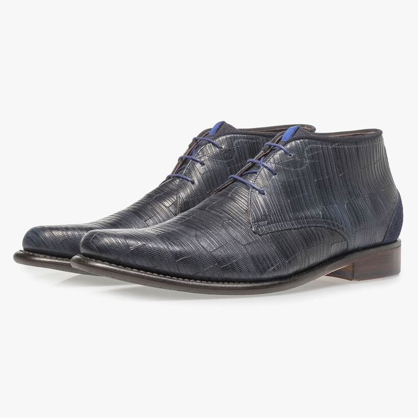 Blauer Leder-Schn&uuml;rstiefel mit Print