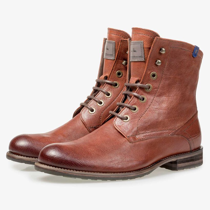 Wolle gef&uuml;tterter cognacfarbener Leder-Schn&uuml;rstiefel