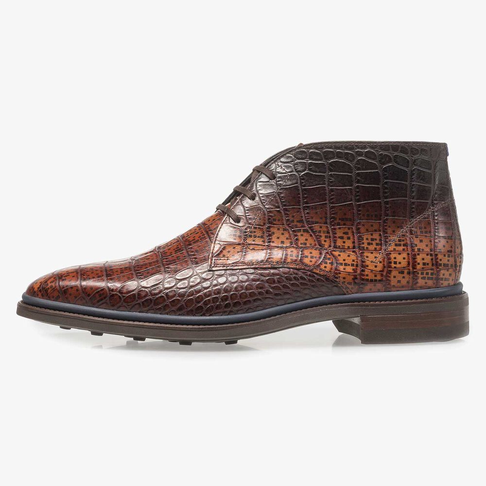 Cognacfarbener Premium Krokoleder-Schn&uuml;rschuh