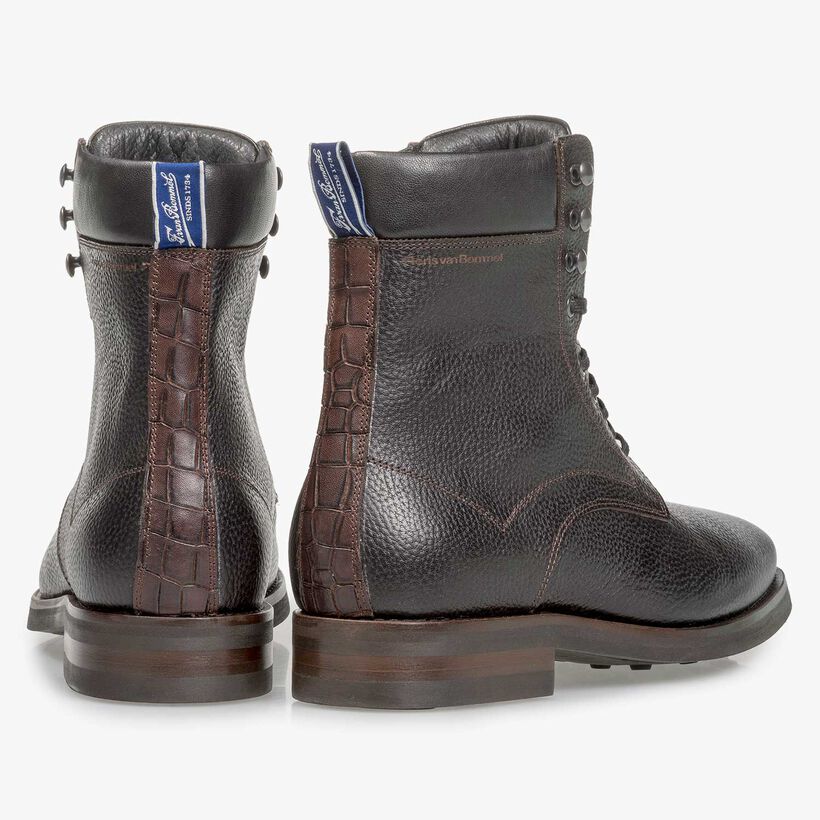 Black calf leather lace boot with print