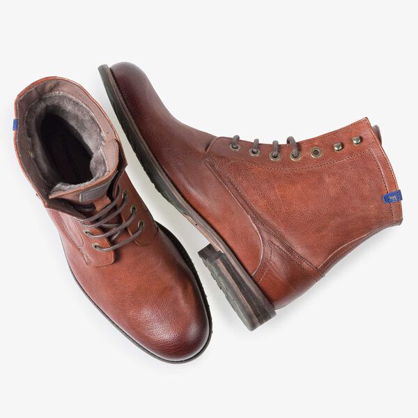 Wolle gef&uuml;tterter cognacfarbener Leder-Schn&uuml;rstiefel
