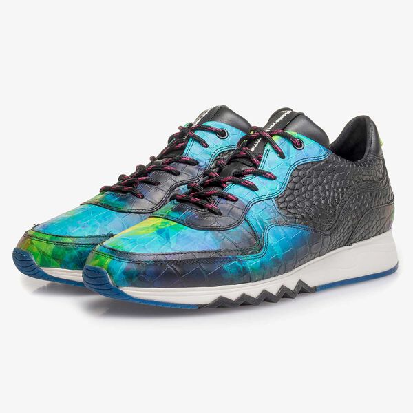 Mehrfarbiger Kalbsleder-Sneaker mit Krokoprint