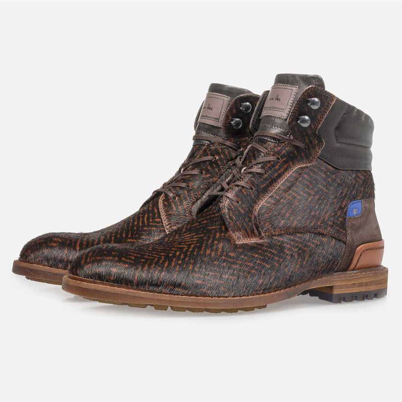 Premium cognac-coloured printed pony hair lace boot