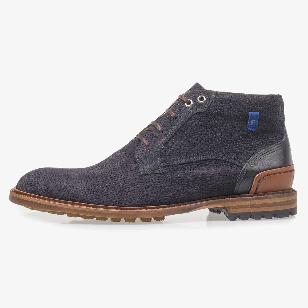 Dunkelblauer Wildleder-Schn&uuml;rstiefel mit Print