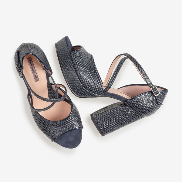 Dark blue high-heeled leather sandals with print